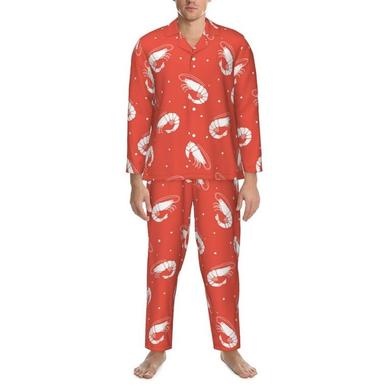 Mens Pajamas Set White Shrimp Print Red Button Down Pajamas for Men Long Sleeve Mens Sleepwear Lounge Pjs Set Walmart