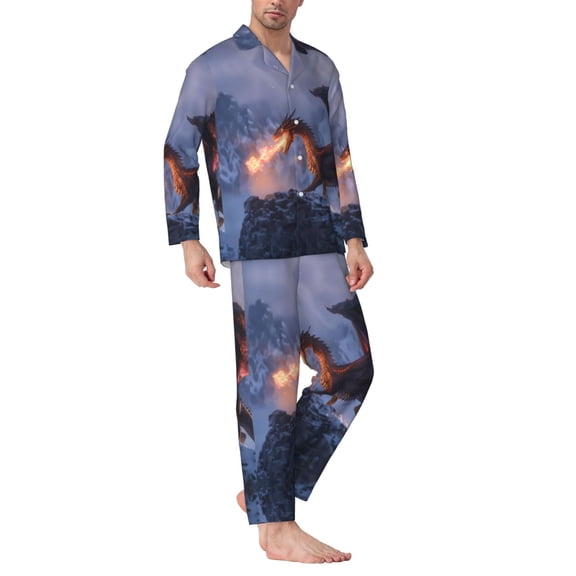 Mens Pajamas Set - Winter Fire Dragon Comfy Long Sleeve Button Up Pajama Sets for Men 2 Piece, Soft Sleepwear Nightwear Pjs Lounge Sets for Men with Pockets