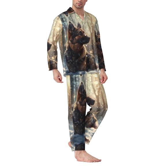 Mens Pajamas Set - Winter Snowflake German Shepherd Comfy Long Sleeve Button Up Pajama Sets for Men 2 Piece, Soft Sleepwear Nightwear Pjs Lounge Sets for Men with Pockets