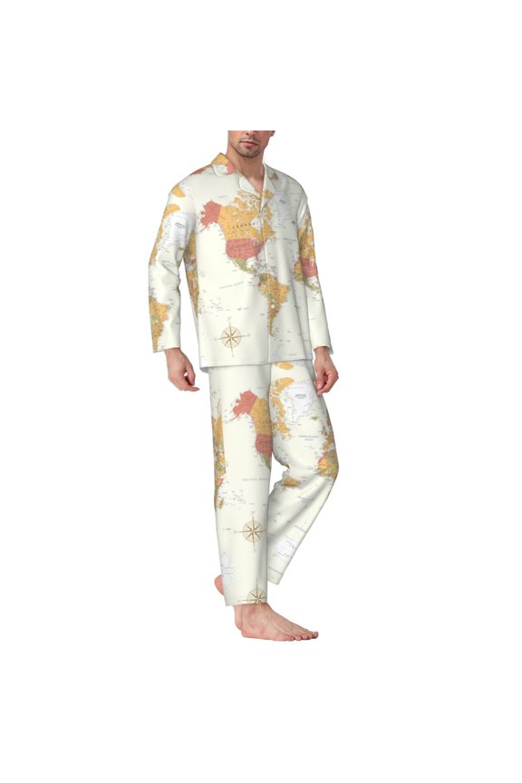 Mens Pajamas Set - World Map 1 Comfy Long Sleeve Button Up Pajama Sets for Men 2 Piece, Soft Sleepwear Nightwear Pjs Lounge Sets for Men with Pockets