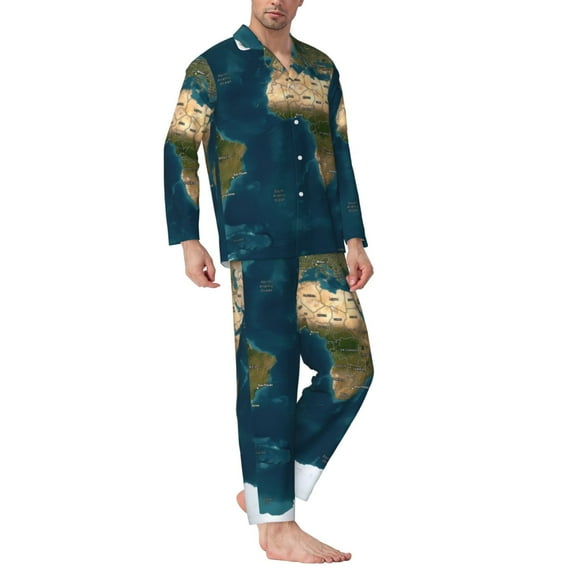 Mens Pajamas Set - World Map Comfy Long Sleeve Button Up Pajama Sets for Men 2 Piece, Soft Sleepwear Nightwear Pjs Lounge Sets for Men with Pockets