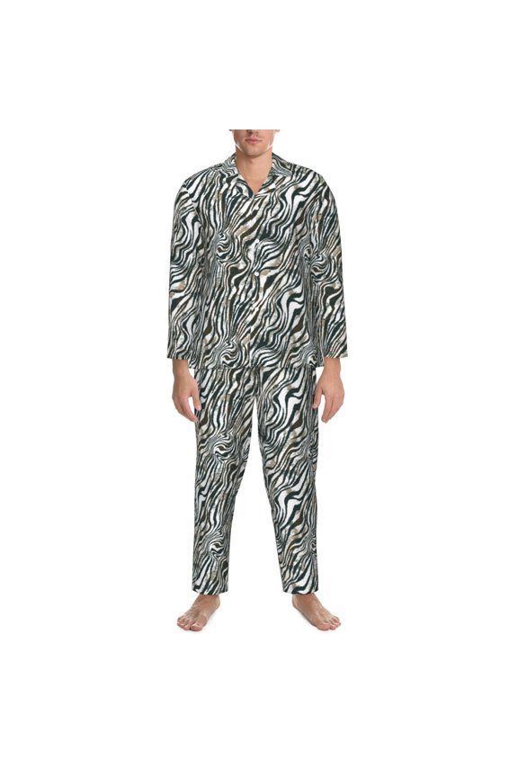 Mens Pajamas Set - Zebra Print Black White Comfy Long Sleeve Button Up Pajama Sets for Men 2 Piece, Soft Sleepwear Nightwear Pjs Lounge Sets for Men with Pockets