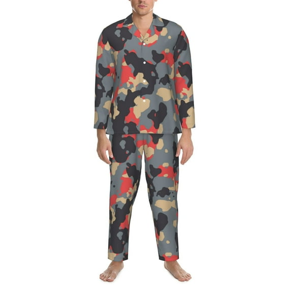 Mens Pajamas Set, black Camouflage red Button Down Long Sleeve Loungewear Sleepwear Pjs sets for Men