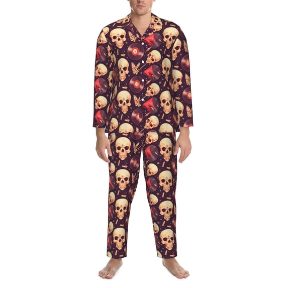 Mens Pajamas Set, cool rock Skull record Button Down Long Sleeve Loungewear Sleepwear Pjs sets for Men