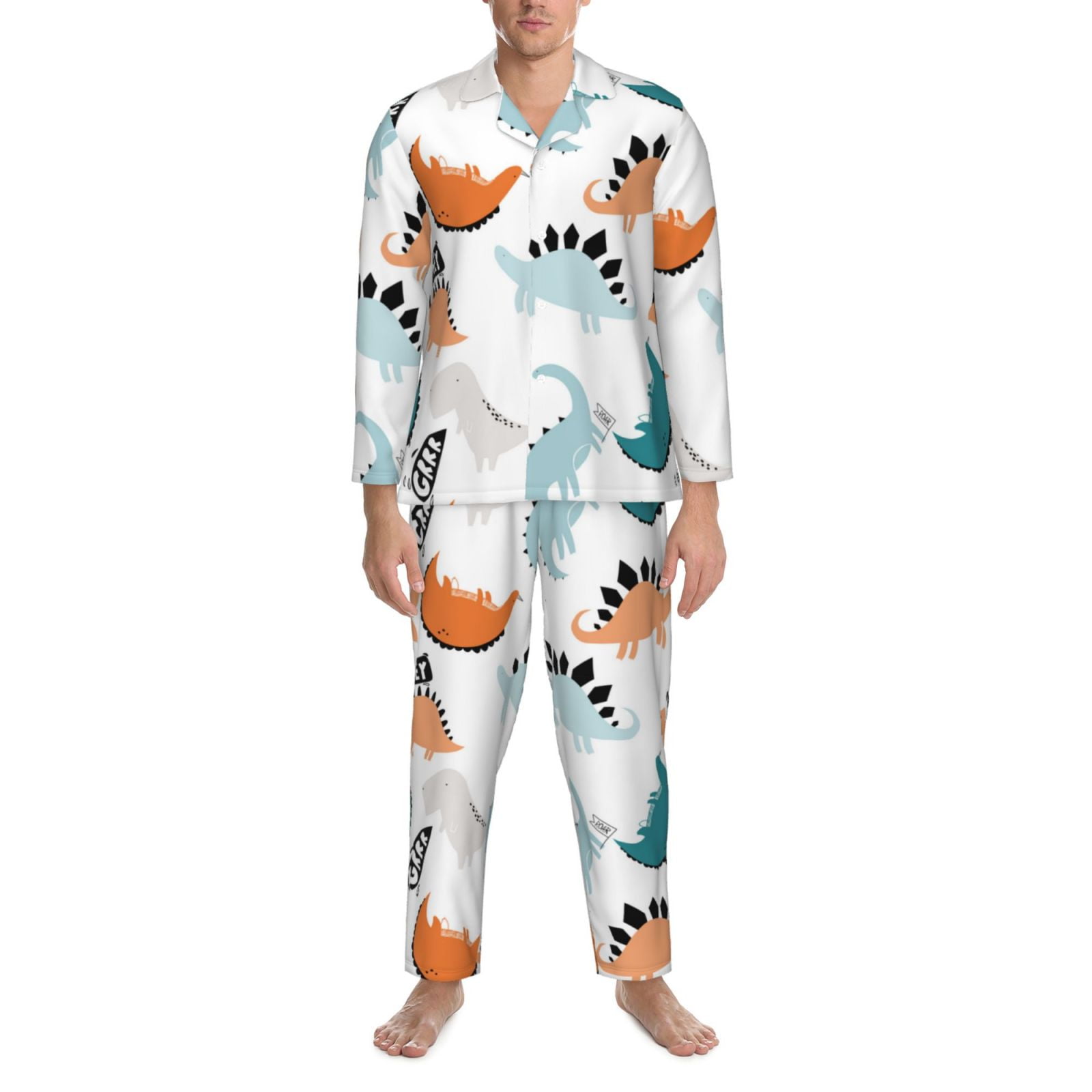 Mens Pajamas Set cute Dinosaur pattern Soft Comfy Long Sleeve Button