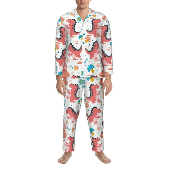 Mens Pajamas Set, cute Dinosaur pink Button Down Long Sleeve Loungewear Sleepwear Pjs sets for Men