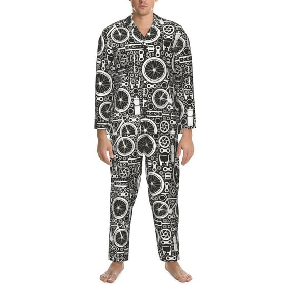 Mens Pajamas Set, gear Bike Pattern Button Down Long Sleeve Loungewear Sleepwear Pjs sets for Men