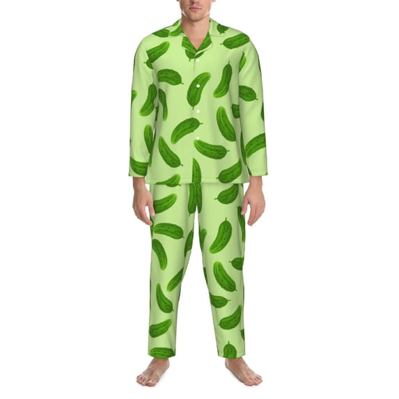 Mens Pajamas Set, green Cucumber Pattern Button Down Long Sleeve Loungewear Sleepwear Pjs sets for Men