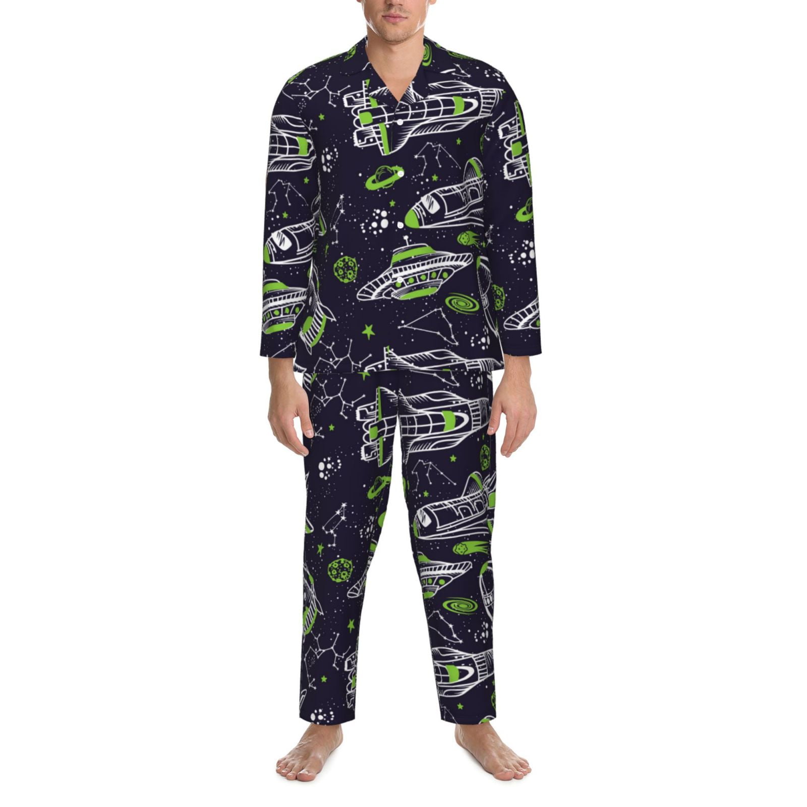 Mens Pajamas Set green Space Pattern white Soft Comfy Long Sleeve Button Up Pajama Sets for Men 2 Piece Sleepwear Nightwear Pjs Lounge Sets for Men