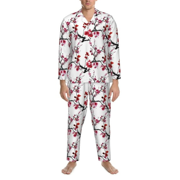 Mens Pajamas Set, peach blossom Button Down Long Sleeve Loungewear Sleepwear Pjs sets for Men
