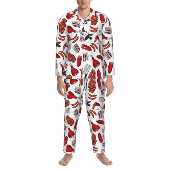 Mens Pajamas Set, red food Button Down Long Sleeve Loungewear Sleepwear Pjs sets for Men