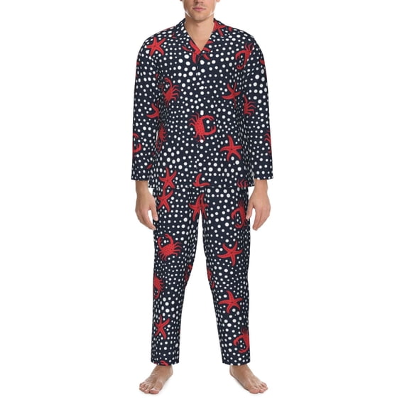 Mens Pajamas Set, red starfish crab Button Down Long Sleeve Loungewear Sleepwear Pjs sets for Men