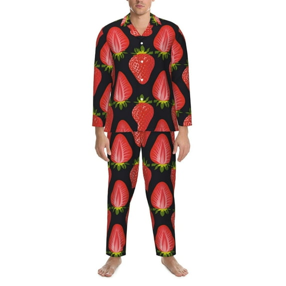 Mens Pajamas Set, red strawberries print Button Down Long Sleeve Loungewear Sleepwear Pjs sets for Men