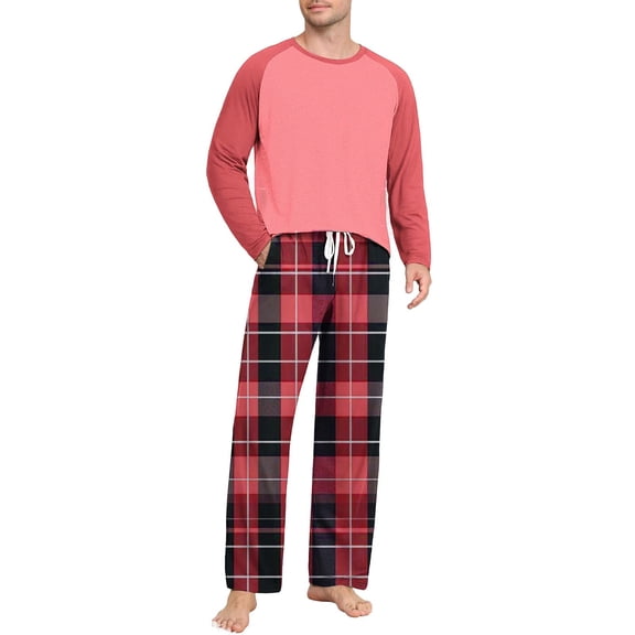 Mens Pajamas Sets 2 Pack Long Sleeve Crewneck Shirts and Straight Leg Pants Loungewear Outfits Casual Plaid Printed Breathable Sleepwear Pajamas Set