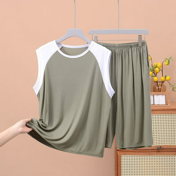 Mens Pajamas Sets Big & Tall XL-5X Plus Size 2 Piece Soft Modal Sleepwear Tank Tops Shorts Color-Block Loungewear Set with Pockets