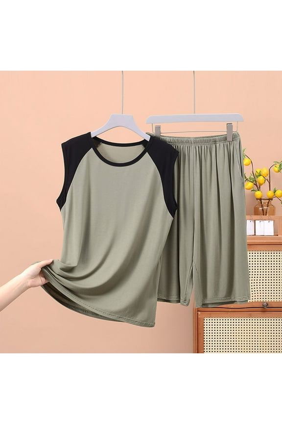 Mens Pajamas Sets Big & Tall XL-5X Plus Size 2 Piece Soft Modal Sleepwear Tank Tops Shorts Color-Block Loungewear Set with Pockets