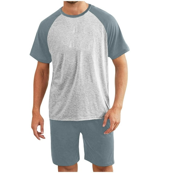 Mens Pajamas Sets L-5X Big and Tall Plus Size Short Sleeve T-Shirts and Shorts Sleepwear Casual Color-Block Soft Loungewear Set