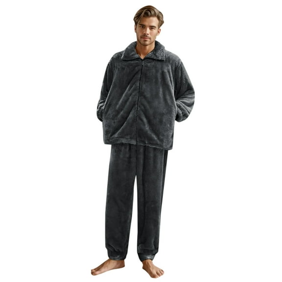 Mens Pajamas Trendy Thick Flannel Winter V Neck Button Solid Color With Pockets Set Plus Size Mens Pjs Sets