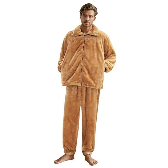 Mens Pajamas Trendy Thick Flannel Winter V Neck Button Solid Color With Pockets Set Plus Size Mens Pjs Sets