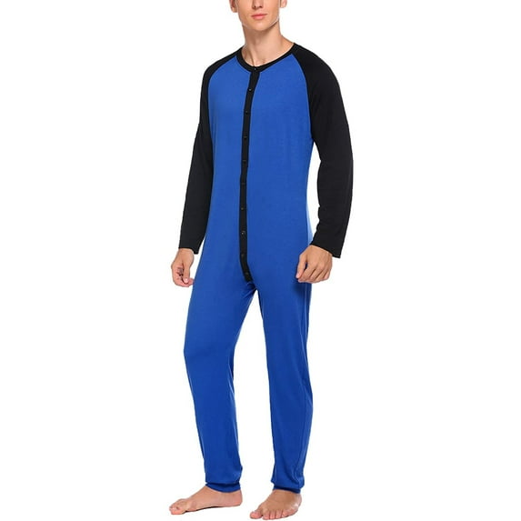 Mens Pajamas Ultra Soft Thermal Patchwork One Piece Pajama with Butt Flap Sleepwear