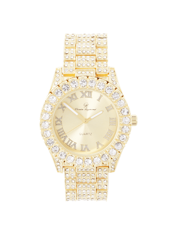 Mens Pale Gold Big Rocks with Roman Numerals Fully Iced Out Colorful Dial Watch - ST10327 RN