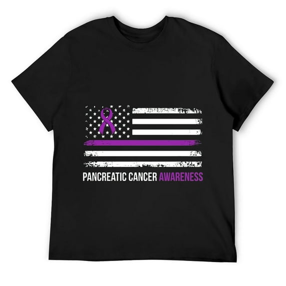 Mens Pancreatic Cancer Awareness Survivor US Flag Purple Ribbon Short Sleeve T-Shirt Black