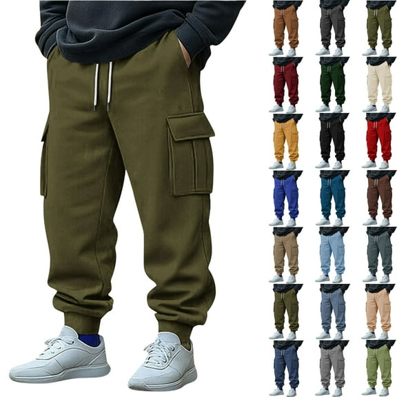 Sweatpants Pants for Men Sports Leisure Pocket Solid Color Elastic Waist Drawstring Straight Leg Retractable Hem Design Long Pants with Pocket