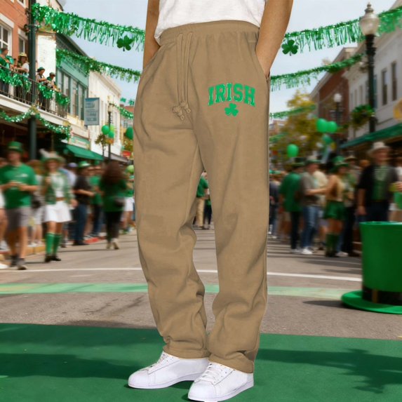 Mens Pants Athletic Fit Stretch Fashion Drawstring Elastic Waist Solid Color Casual St. Patrick's Day Print Running Sweatpants With Pockets Workout Mens Pants Khaki M