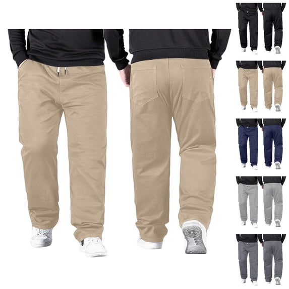 Mens Pants Casual Big And Tall 2026 Drawstring High Elastic Waist Straight Leg Stretch Loose Fit Trousers with Pockets