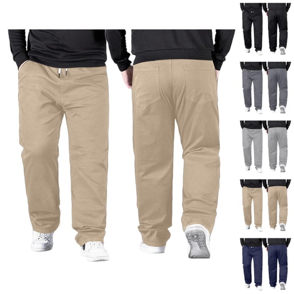 Mens Pants Casual Big And Tall 2026 Drawstring High Elastic Waist Stretch Straight Leg Loose Fit Trousers with Pockets
