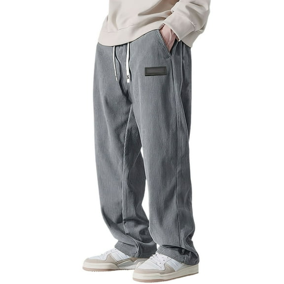 Mens Pants Casual Corduroy Drawstring Waist Mens Elastic Waist Pants with Pockets Loose Straight Leg Sweatpants Men Gray L