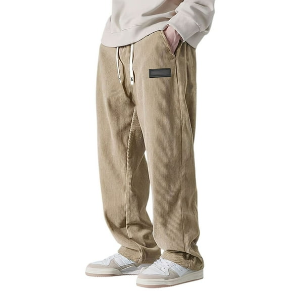 Mens Pants Casual Corduroy Drawstring Waist Mens Elastic Waist Pants with Pockets Loose Straight Leg Sweatpants Men Khaki L