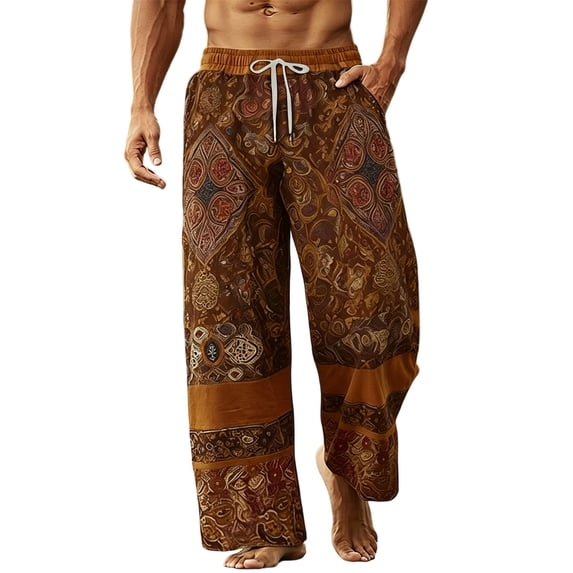 Mens Pants Casual Fashion Ethnic Print Elastic Waist Drawstring Pants with Pockets Loose Breathable Lightweight Wide Leg Casual Beach Pants
