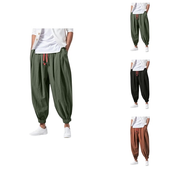 Mens Pants Casual Loose Fit Harem Joggers, Elastic Waist Tapered Pants for Men with Pockets, Lightweight Cotton Lounge Pants for Gym, Sleep or Daily Urban Look, Black