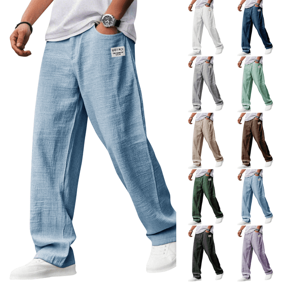 Mens Pants Casual Loose Hemp Drawstring Elastic Waist Trousers Lightweight Wide Leg Linen Pant with Pocket Light Blue 5XL