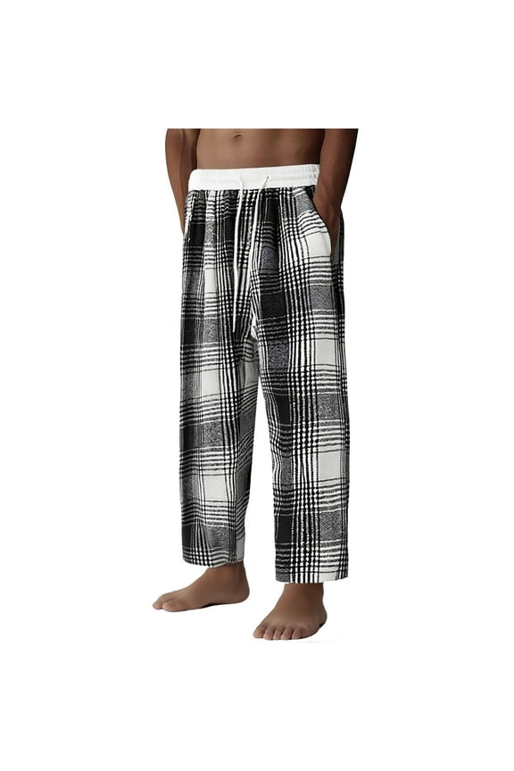 Mens Pants Casual, Men's Checkered Baggy Pants Plaid Wide Leg Flared Drawstring Trousers with Pockets