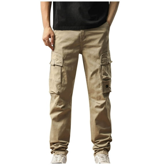 Mens Pants Casual, Mens Casual Cargo Pants Joggers Elastic Waist Stretch Relaxed Fitted Hiking Trousers with Multi Pockets Sweatpants Khaki XL