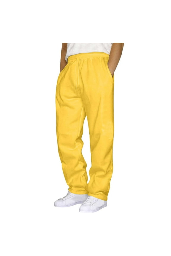 Mens Pants Casual Solid Color Track Workout Pants with Pocket Yellow Sizes M-3XL