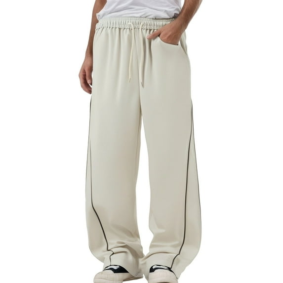 Mens Pants Casual Summer Loose Solid Color Wide Leg Side Line Elastic Waist Drawstring Comfortable Trousers with Pockets Fall Outdoor Activities Mens Slacks Grey XL