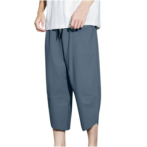 Mens Pants Casual Trendy Solid Color Relaxed Fit Capri Pants Elastic Waist Drawstring Capris