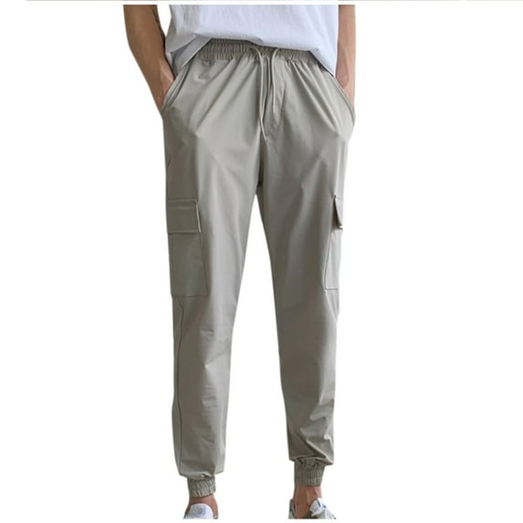 Mens Pants Fashion Casual Solid Color Multiple Cargo Pockets Elastic Rope Casual Pants Sweatpants for Men Gray 2XL