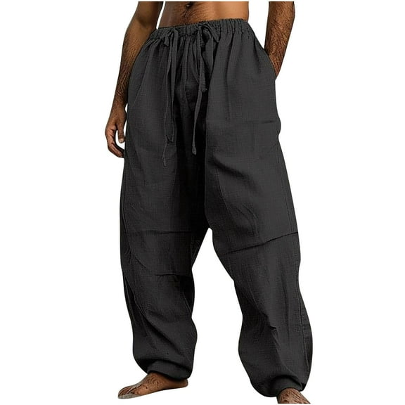 Mens Pants Fashion Drawstring Elastic Waist Solid Color Casual Length Pants Spring/Summer Pants for Men Black M