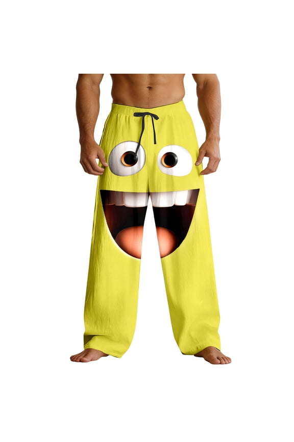 Mens Pants Funny Graphic Print Relaxed Fit Comfortable Loose Fit Straight Leg Trousers Yellow S