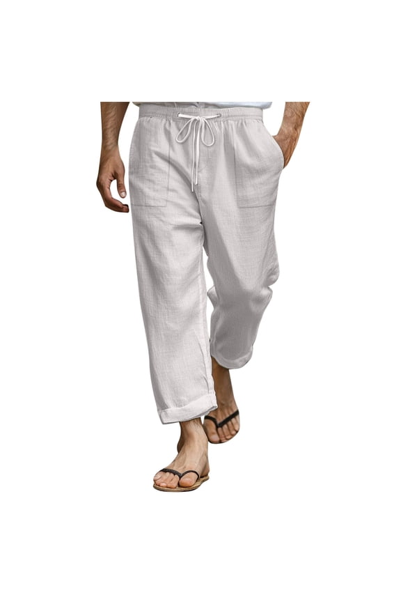 Mens Pants Lightweight Breathable Cotton Linen Drawstring Elastic Waist Trousers with Pockets Fathers Gift