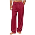 thumbnail image 1 of Mens Pants Lightweight Full Length Straight Wide Leg Trousers with Pockets and Drawstring Elastic Waist Solid Color Relaxed Loungewear Beach Pant, 1 of 7