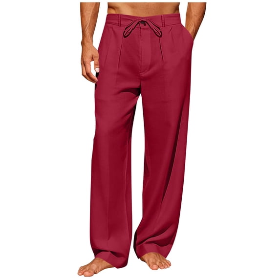 Mens Pants Lightweight Full Length Straight Wide Leg Trousers with Pockets and Drawstring Elastic Waist Solid Color Relaxed Loungewear Beach Pant