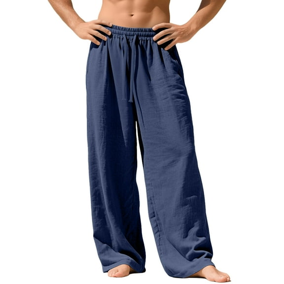 Mens Pants Lightweight and Linen Pants Relaxed Fit Drawstring Waist Breathable Loose Trousers for Men Casual Daily Wear Navy XXL