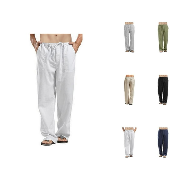 Mens Pants Loose Fit Linen Joggers, Breathable Cotton Casual Pants for Men, Elastic Waist Lounge Pants for Summer Travel, Workout, Sleep or Fishing Activities S-5XL, Black