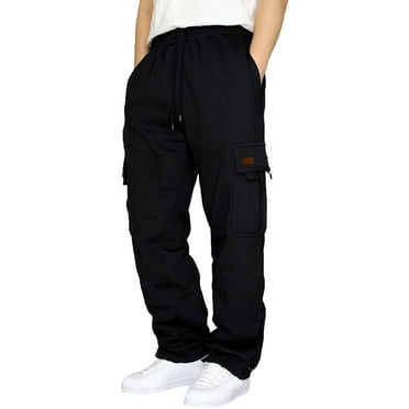 Mens Pants Male Fitness Running Trousers Drawstring Loose Waist Solid Color Pocket Loose Fleece Sweatpants Cargo Pants for Men Black L