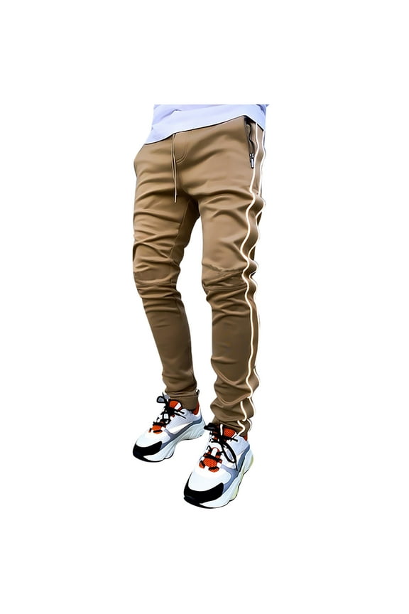 Mens Pants , Men's Multi-pocket Reflective Straight-leg Sports Overalls Brown 10(XL)